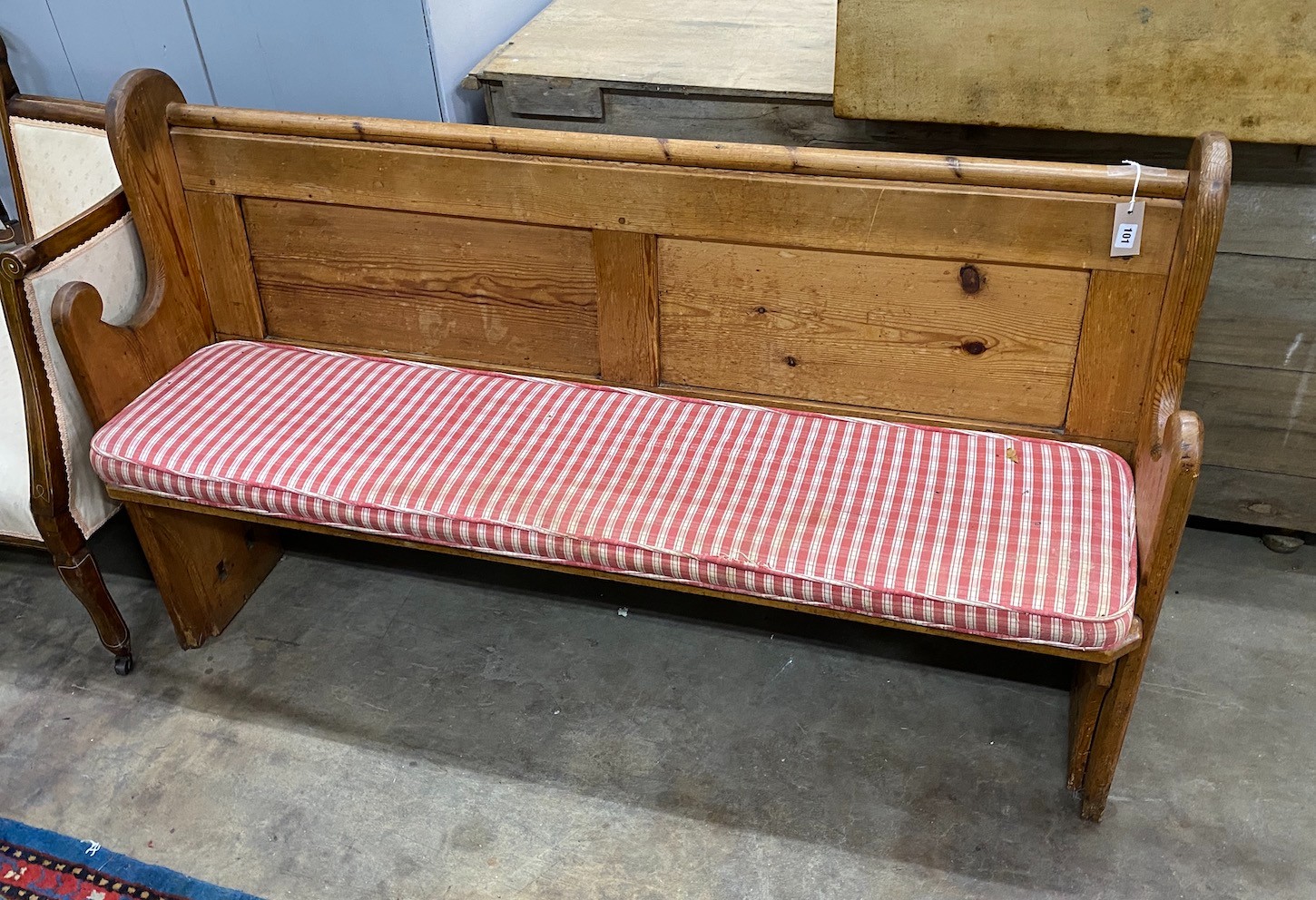 A Victorian pitch pine pew, length 152cm, depth 50cm, height 91cm